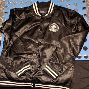 Shiny Black Bomber Jacket with White Bruno Mars Concert Jacket.